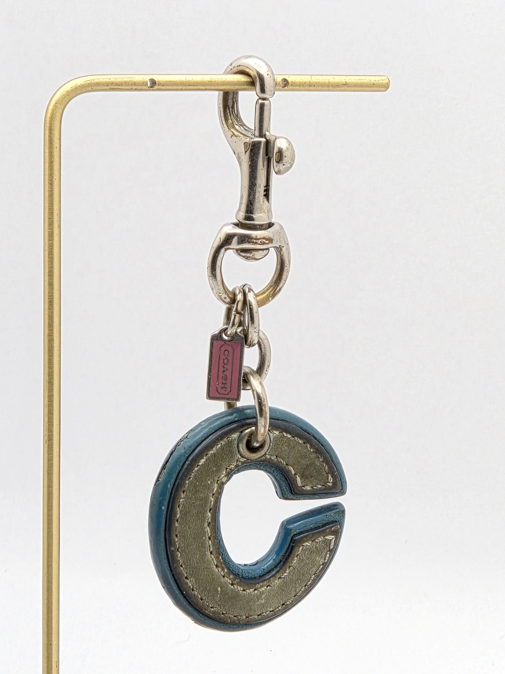 Coach Vintage Leather Initial "C" Bag Charm Keychain Teal Olive Green Silver Har